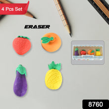 Mini Cute Veg & Fruit Erasers – 3D Colorful Eraser Set for Kids (4 Pc)